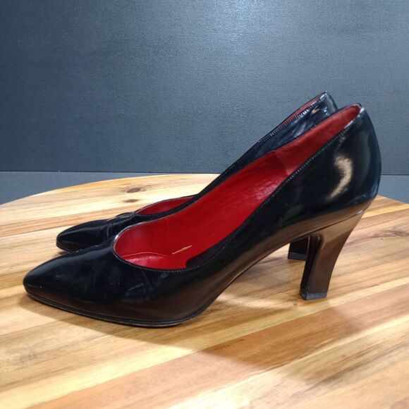 Charles Jourdan Paris France Heels Womens Sz 8 Patent‎ Leather Black Pump - Picture 1 of 14